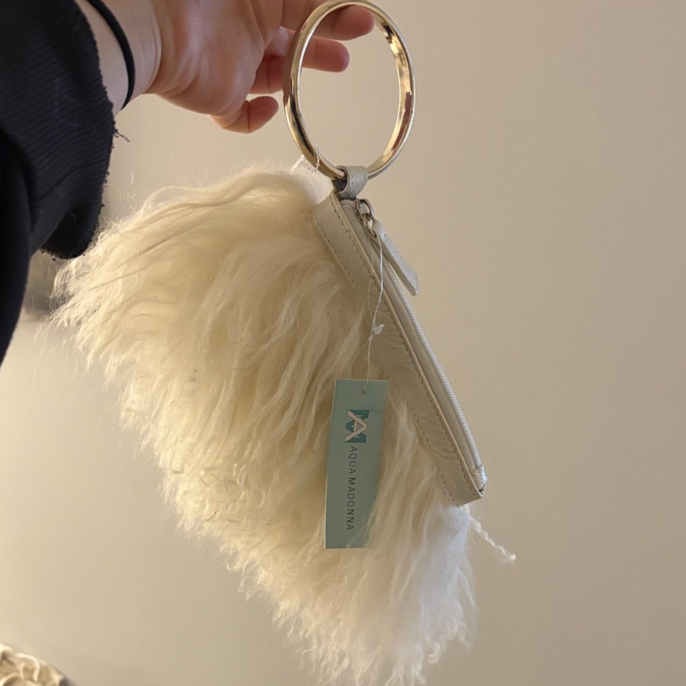 Aqua Madonna Cream Faux Fur Wristlet with Gold Bangle NEW WITH TAGS